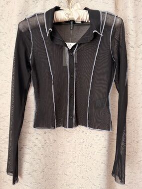 Stylish divided Black Sheer Long-Sleeve Button-Down Top with Contrast Seams